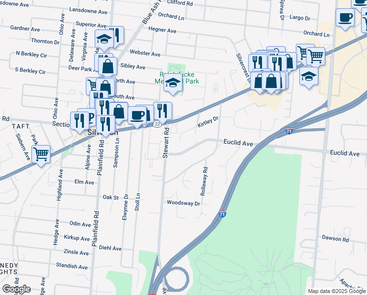 map of restaurants, bars, coffee shops, grocery stores, and more near 5721 Euclid Road in Cincinnati
