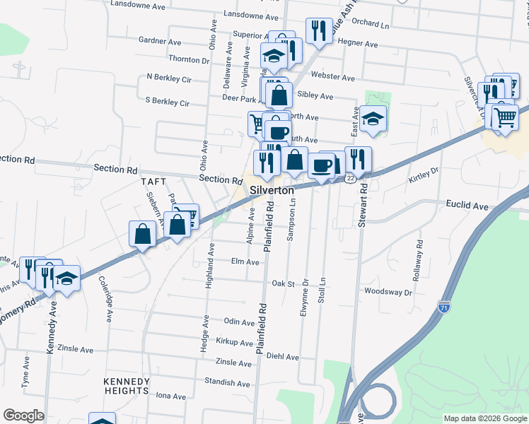 map of restaurants, bars, coffee shops, grocery stores, and more near 6834 Plainfield Road in Cincinnati