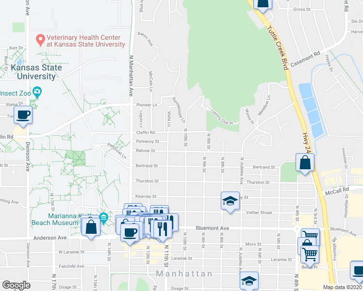 map of restaurants, bars, coffee shops, grocery stores, and more near 1221 North 10th Street in Manhattan