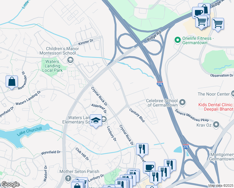 map of restaurants, bars, coffee shops, grocery stores, and more near 20410 Century Boulevard in Germantown