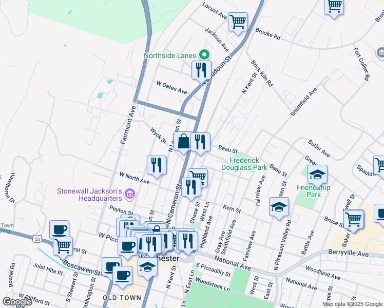map of restaurants, bars, coffee shops, grocery stores, and more near 570 North Cameron Street in Winchester