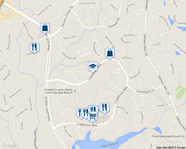 map of restaurants, bars, coffee shops, grocery stores, and more near 6700-6784 Cradlerock Way in Columbia