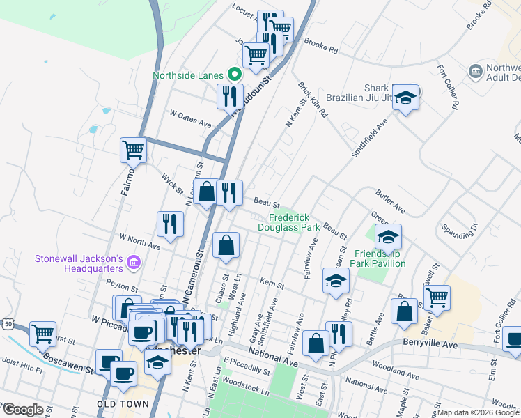 map of restaurants, bars, coffee shops, grocery stores, and more near 598 North Kent Street in Winchester