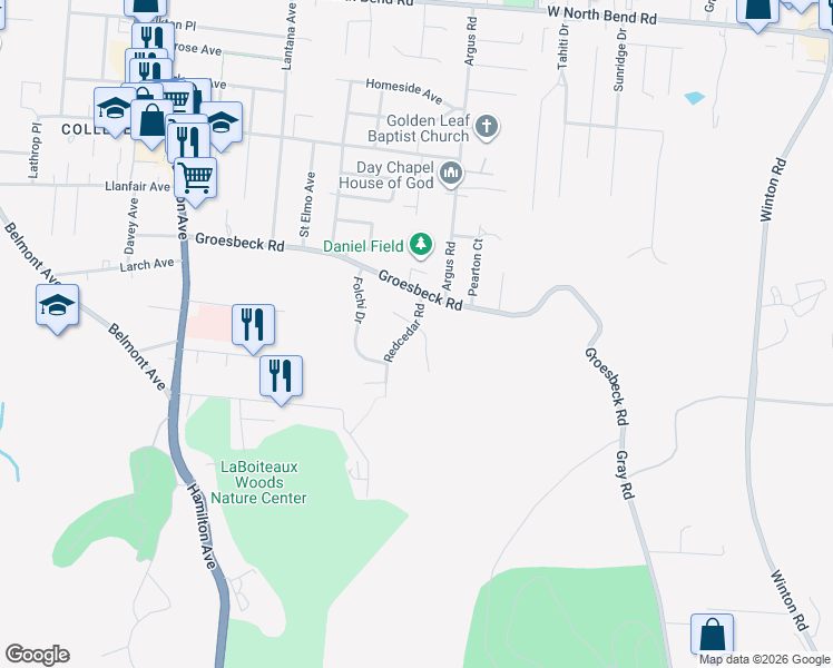 map of restaurants, bars, coffee shops, grocery stores, and more near 5595 Leafwood Drive in Cincinnati