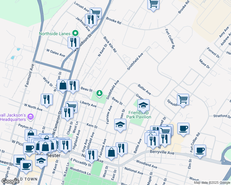 map of restaurants, bars, coffee shops, grocery stores, and more near 322 Avon Court in Winchester