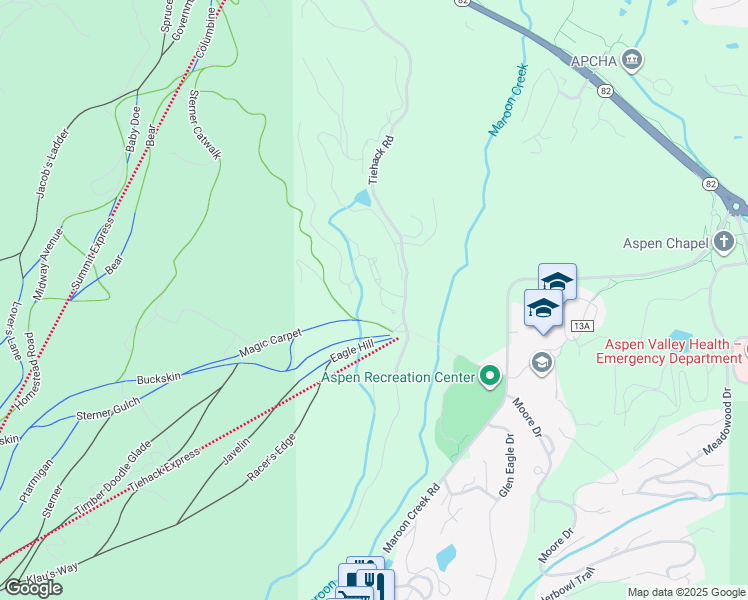 map of restaurants, bars, coffee shops, grocery stores, and more near 407 Oregon Trail in Aspen