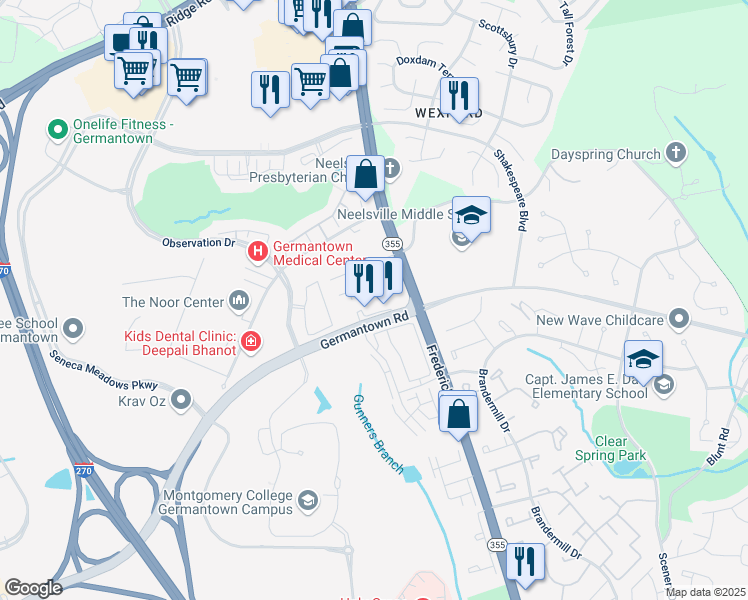 map of restaurants, bars, coffee shops, grocery stores, and more near 20516 North Frederick Road in Germantown