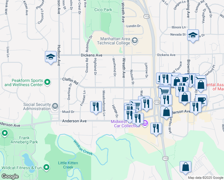 map of restaurants, bars, coffee shops, grocery stores, and more near 3209 Claflin Road in Manhattan