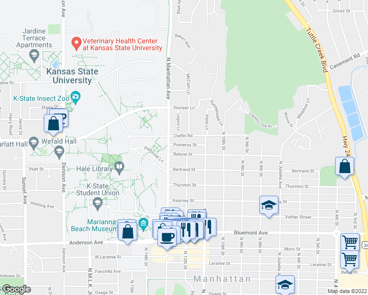 map of restaurants, bars, coffee shops, grocery stores, and more near 1207 Pomeroy Street in Manhattan