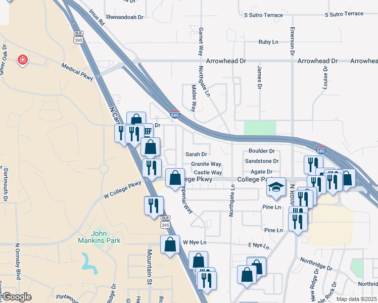 map of restaurants, bars, coffee shops, grocery stores, and more near 329 Sarah Drive in Carson City