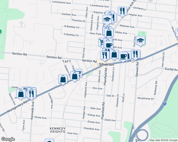map of restaurants, bars, coffee shops, grocery stores, and more near 7054 Montgomery Road in Silverton