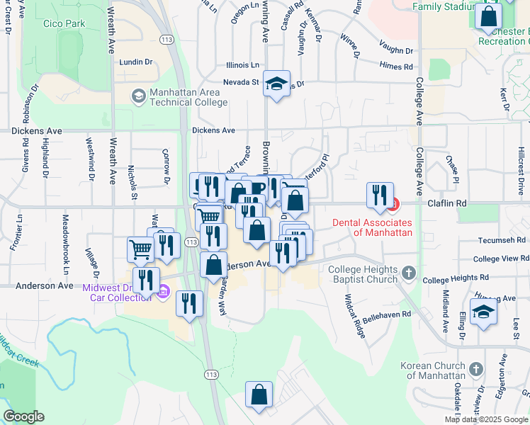 map of restaurants, bars, coffee shops, grocery stores, and more near 1135 Westport Drive in Manhattan