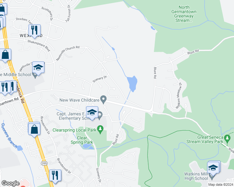 map of restaurants, bars, coffee shops, grocery stores, and more near 20339 Mill Pond Terrace in Germantown