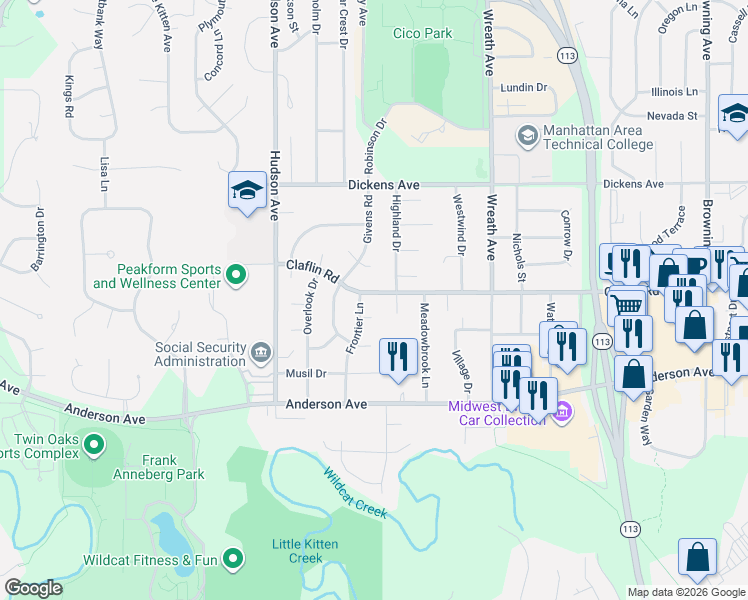 map of restaurants, bars, coffee shops, grocery stores, and more near 1325 Frontier Lane in Manhattan