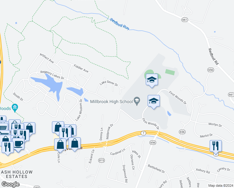 map of restaurants, bars, coffee shops, grocery stores, and more near 224 Lake Sever Drive in Winchester