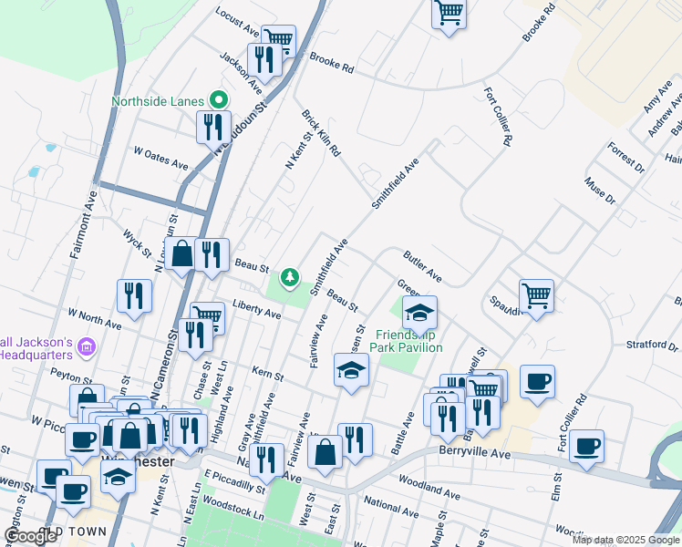 map of restaurants, bars, coffee shops, grocery stores, and more near 322 Avon Court in Winchester