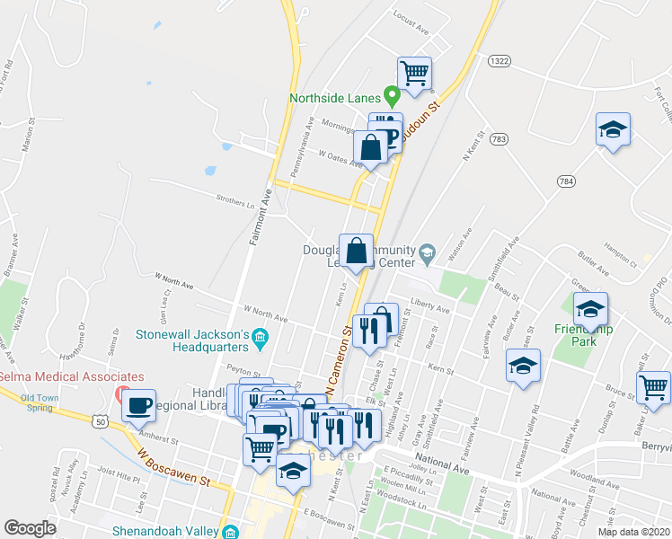 map of restaurants, bars, coffee shops, grocery stores, and more near 552 North Loudoun Street in Winchester