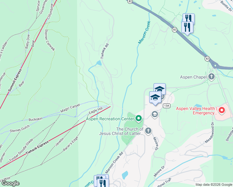 map of restaurants, bars, coffee shops, grocery stores, and more near 1162 Tiehack Road in Aspen