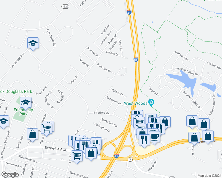 map of restaurants, bars, coffee shops, grocery stores, and more near 106 Sutton Court in Winchester