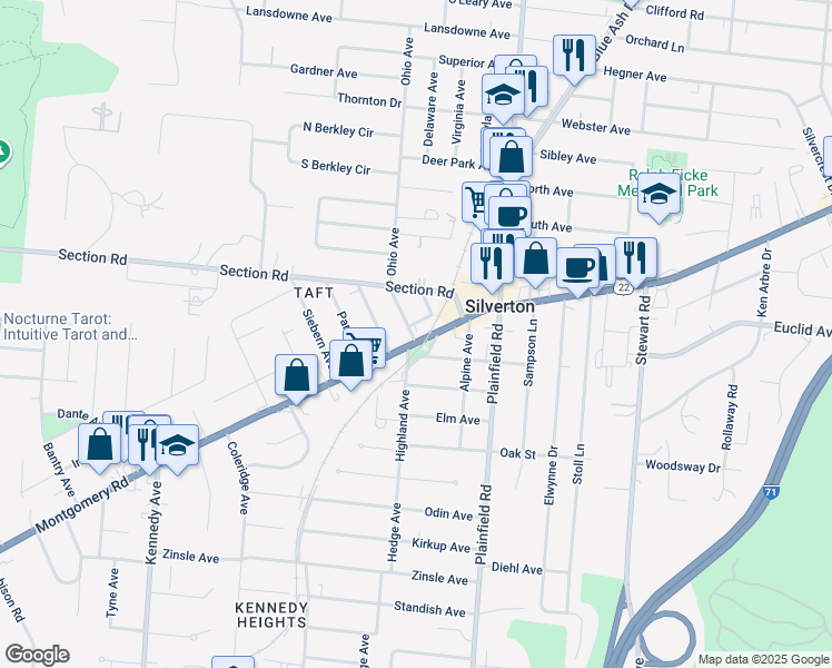 map of restaurants, bars, coffee shops, grocery stores, and more near 7054 Montgomery Road in Silverton