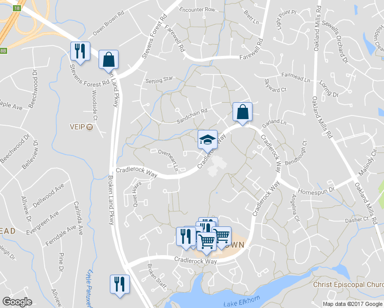 map of restaurants, bars, coffee shops, grocery stores, and more near 6566 Frietchie Row in Columbia