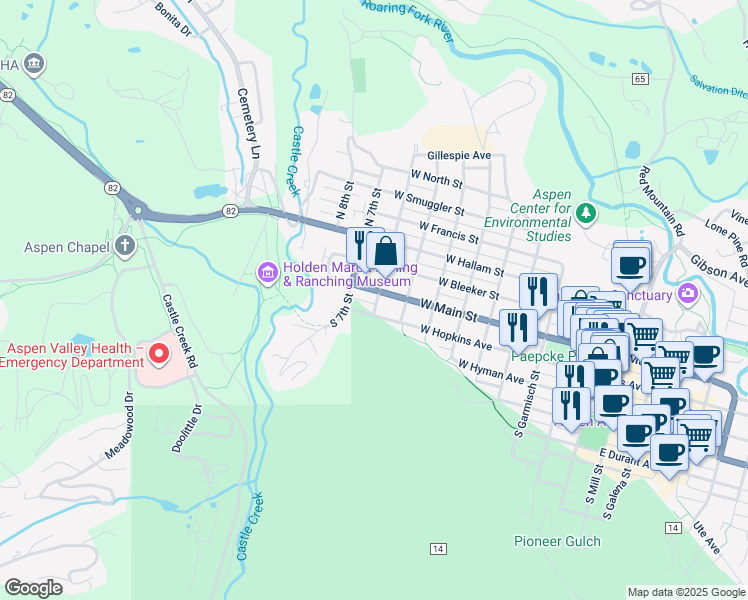 map of restaurants, bars, coffee shops, grocery stores, and more near 634 West Hopkins Avenue in Aspen