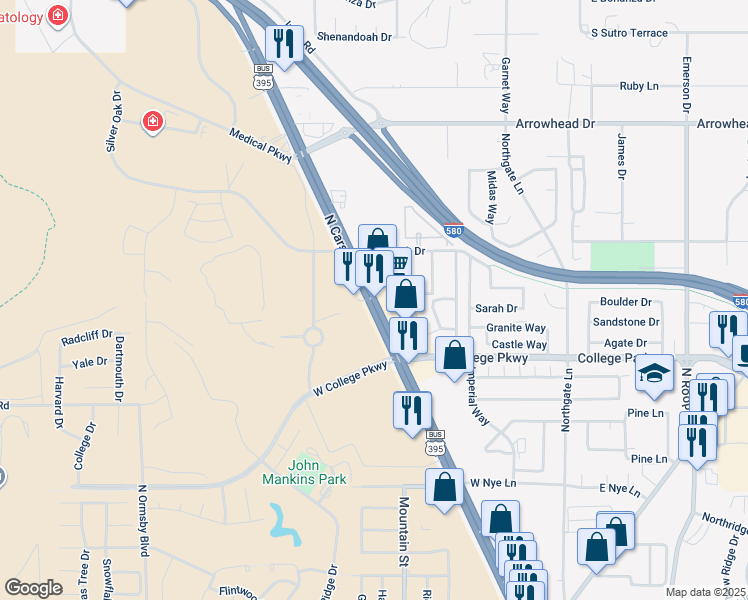 map of restaurants, bars, coffee shops, grocery stores, and more near 3735 North Carson Street in Carson City