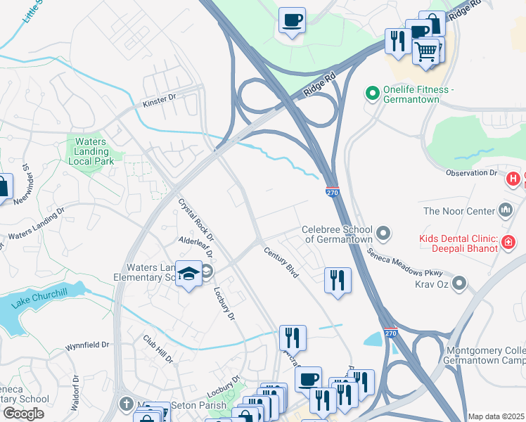 map of restaurants, bars, coffee shops, grocery stores, and more near 12855 Fairchild Drive in Germantown