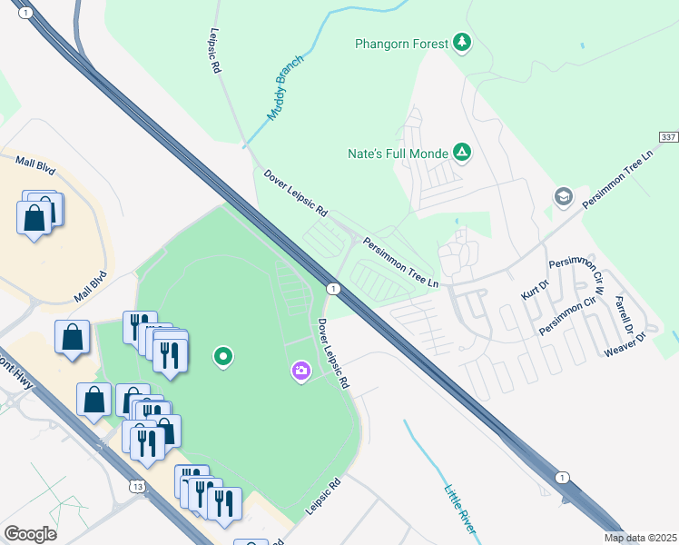 map of restaurants, bars, coffee shops, grocery stores, and more near Korean War Veterans Memorial Highway in Dover