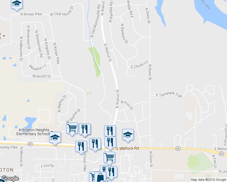 map of restaurants, bars, coffee shops, grocery stores, and more near 2607 North Walnut Street in Bloomington