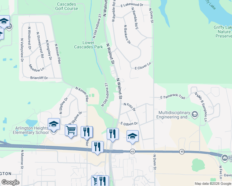 map of restaurants, bars, coffee shops, grocery stores, and more near 2607 North Walnut Street in Bloomington