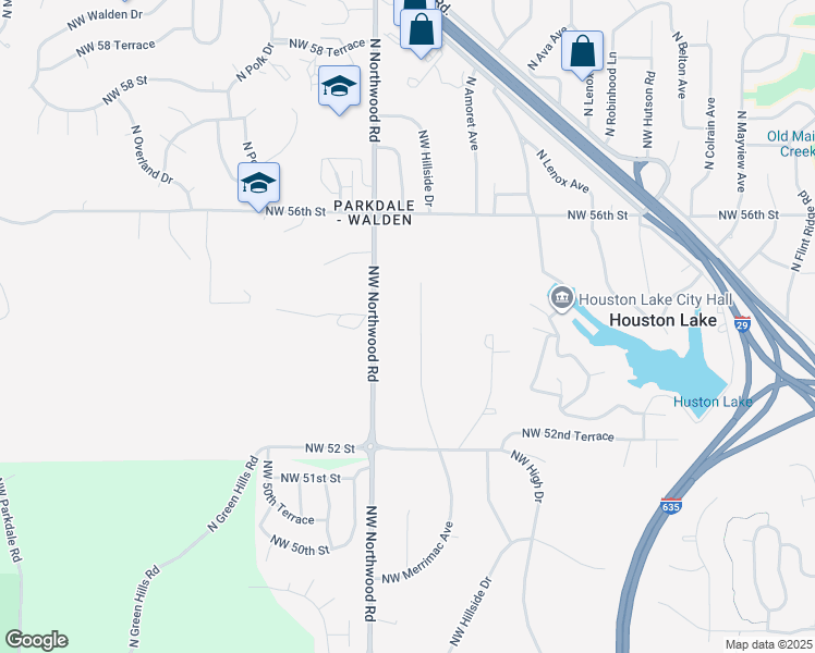 map of restaurants, bars, coffee shops, grocery stores, and more near 5336 North Merrimac Avenue in Kansas City