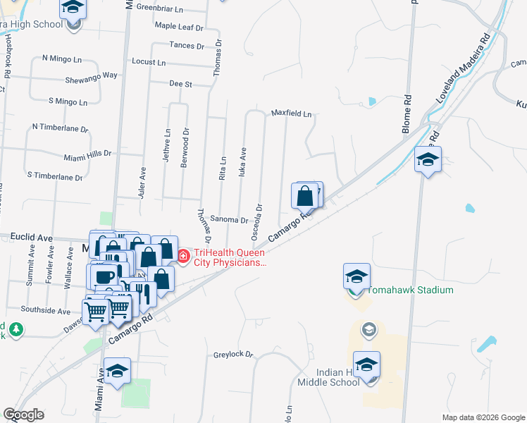 map of restaurants, bars, coffee shops, grocery stores, and more near 7218 Osceola Drive in Cincinnati