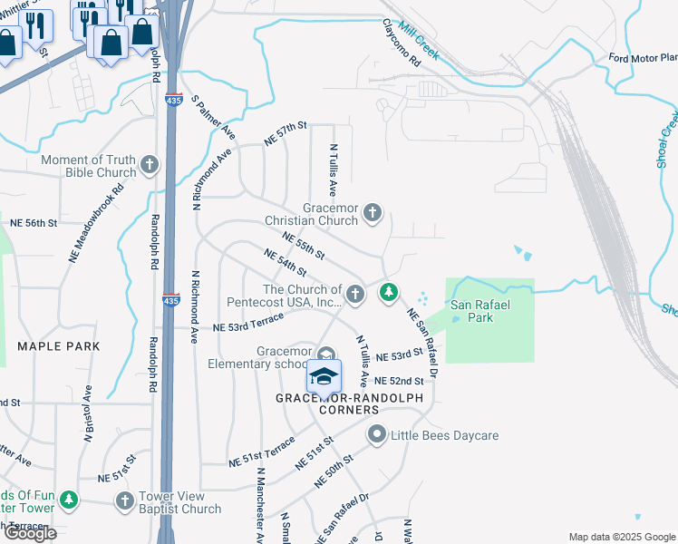 map of restaurants, bars, coffee shops, grocery stores, and more near 7941 Northeast 55th Street in Kansas City