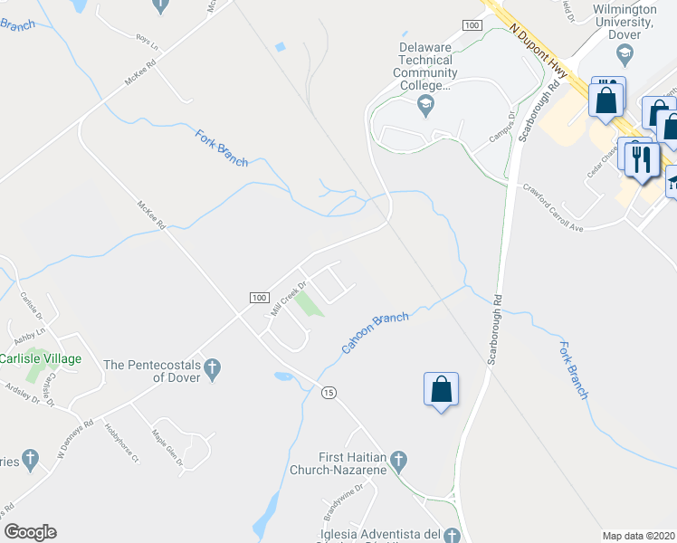 map of restaurants, bars, coffee shops, grocery stores, and more near 5 Waterfall Drive in Dover