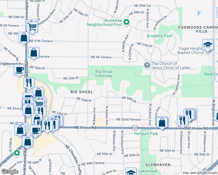 map of restaurants, bars, coffee shops, grocery stores, and more near 5433 North Askew Avenue in Kansas City