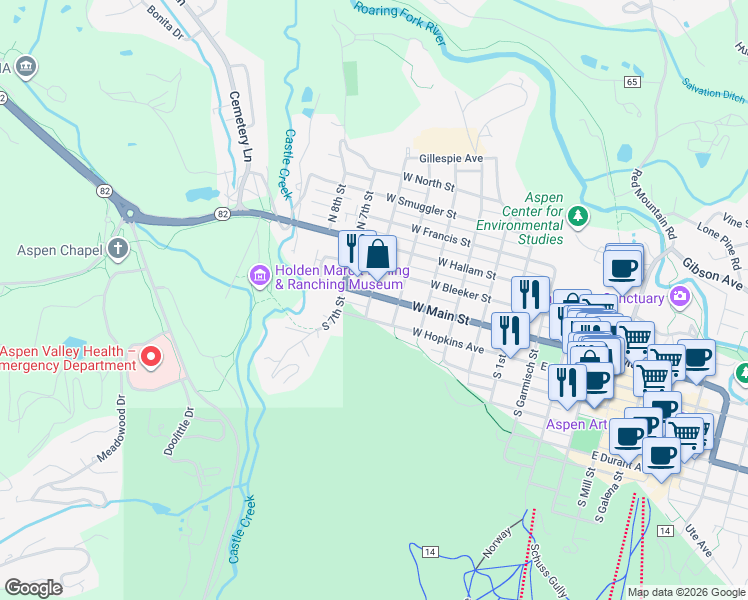 map of restaurants, bars, coffee shops, grocery stores, and more near 634 West Hopkins Avenue in Aspen