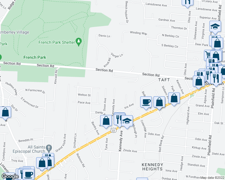 map of restaurants, bars, coffee shops, grocery stores, and more near 6727 Kennedy Avenue in Cincinnati