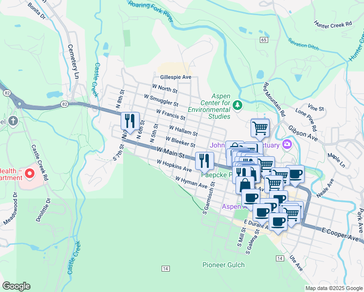map of restaurants, bars, coffee shops, grocery stores, and more near 333 West Bleeker Street in Aspen