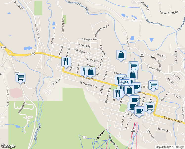 map of restaurants, bars, coffee shops, grocery stores, and more near 333 West Bleeker Street in Aspen