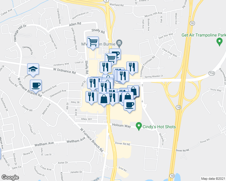 map of restaurants, bars, coffee shops, grocery stores, and more near 6707 Ritchie Highway in Glen Burnie
