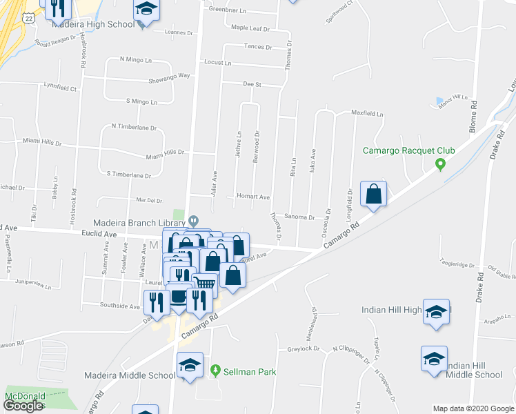 map of restaurants, bars, coffee shops, grocery stores, and more near 7228 Berwood Drive in Cincinnati