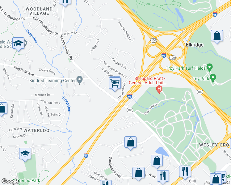 map of restaurants, bars, coffee shops, grocery stores, and more near 6501 Huntshire Drive in Elkridge