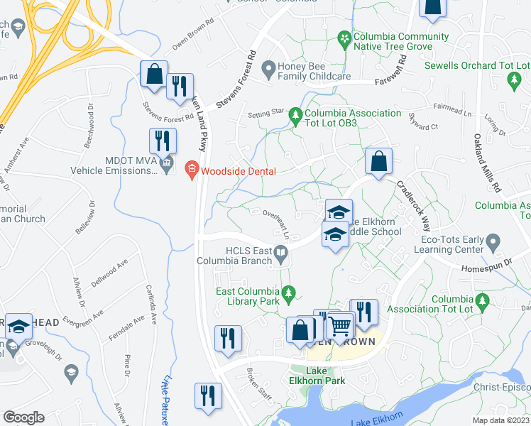 map of restaurants, bars, coffee shops, grocery stores, and more near 6593 Overheart Lane in Columbia