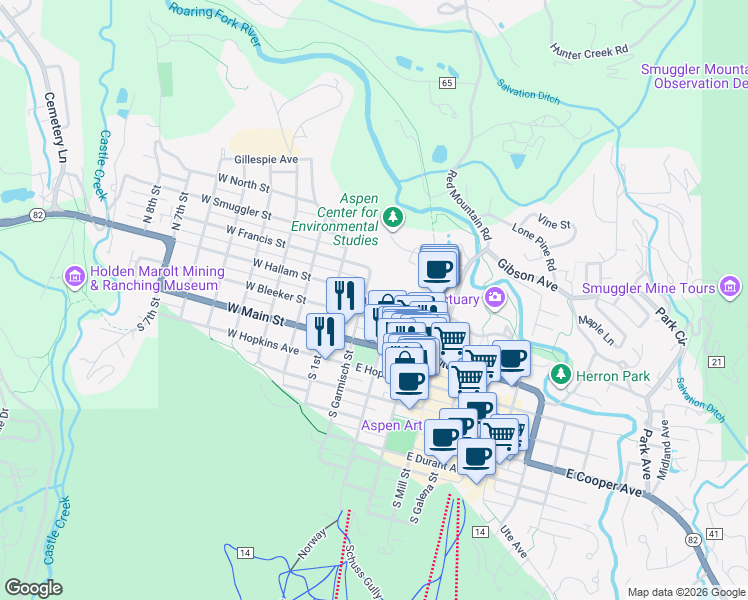 map of restaurants, bars, coffee shops, grocery stores, and more near 128 North Garmisch Street in Aspen