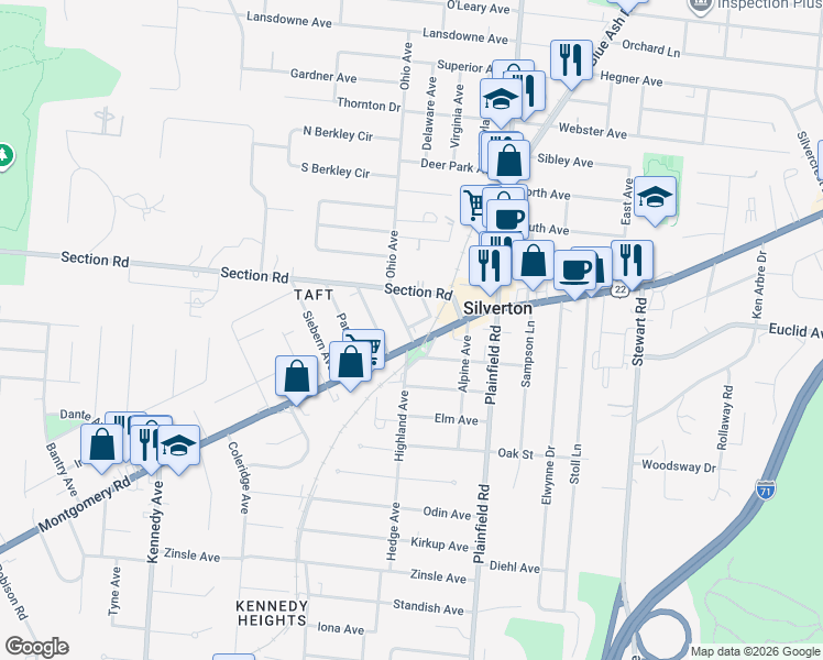 map of restaurants, bars, coffee shops, grocery stores, and more near 7045 Montgomery Road in Cincinnati