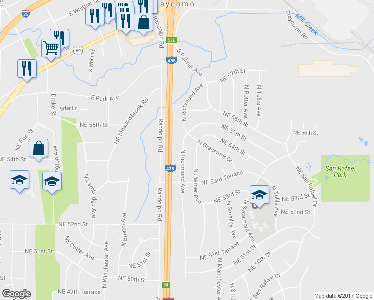 map of restaurants, bars, coffee shops, grocery stores, and more near 5399 North Richmond Avenue in Kansas City