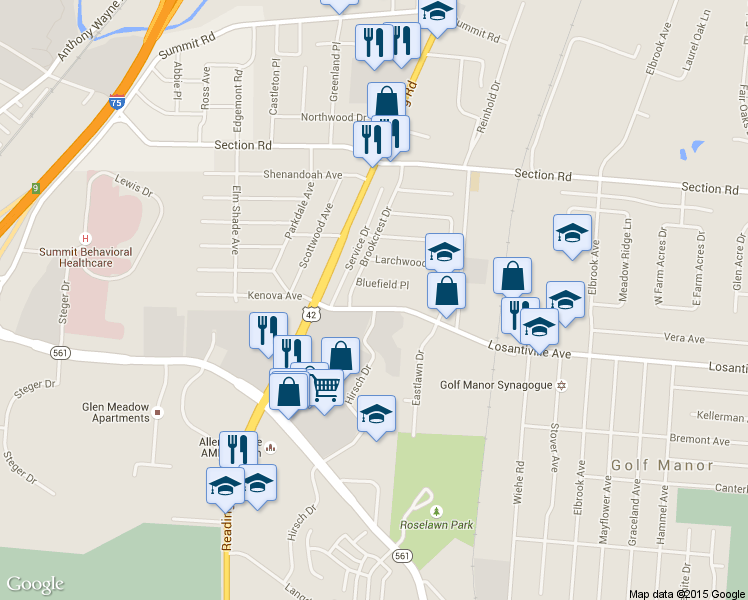 map of restaurants, bars, coffee shops, grocery stores, and more near 1808 Bluefield Place in Cincinnati