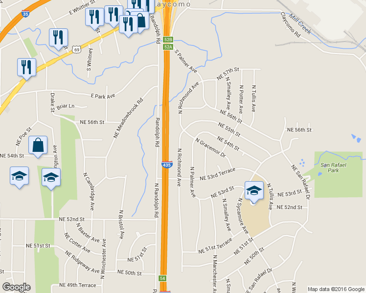 map of restaurants, bars, coffee shops, grocery stores, and more near 5399 North Richmond Avenue in Kansas City