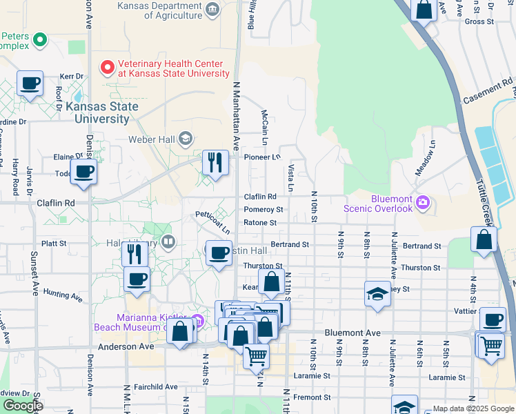map of restaurants, bars, coffee shops, grocery stores, and more near 1433 McCain Lane in Manhattan